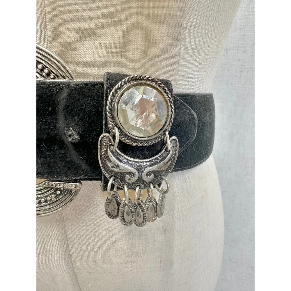 Vintage 90s Black‎ Suede Boho Belt Silver Crescent Buckle Crystal Detail Gypsy